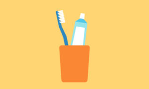 Drawing of a blue toothbrush with white bristles in an orange cup with a blue tube of toothpaste against a yellow background